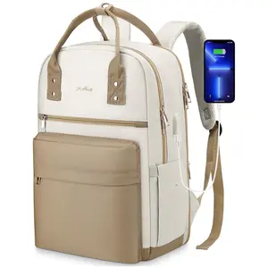 YAMTION Beige & Khaki 15 Inch Laptop Backpack with USB Charging, Multi-Compartment & Large Capacity for School, Work & Travel