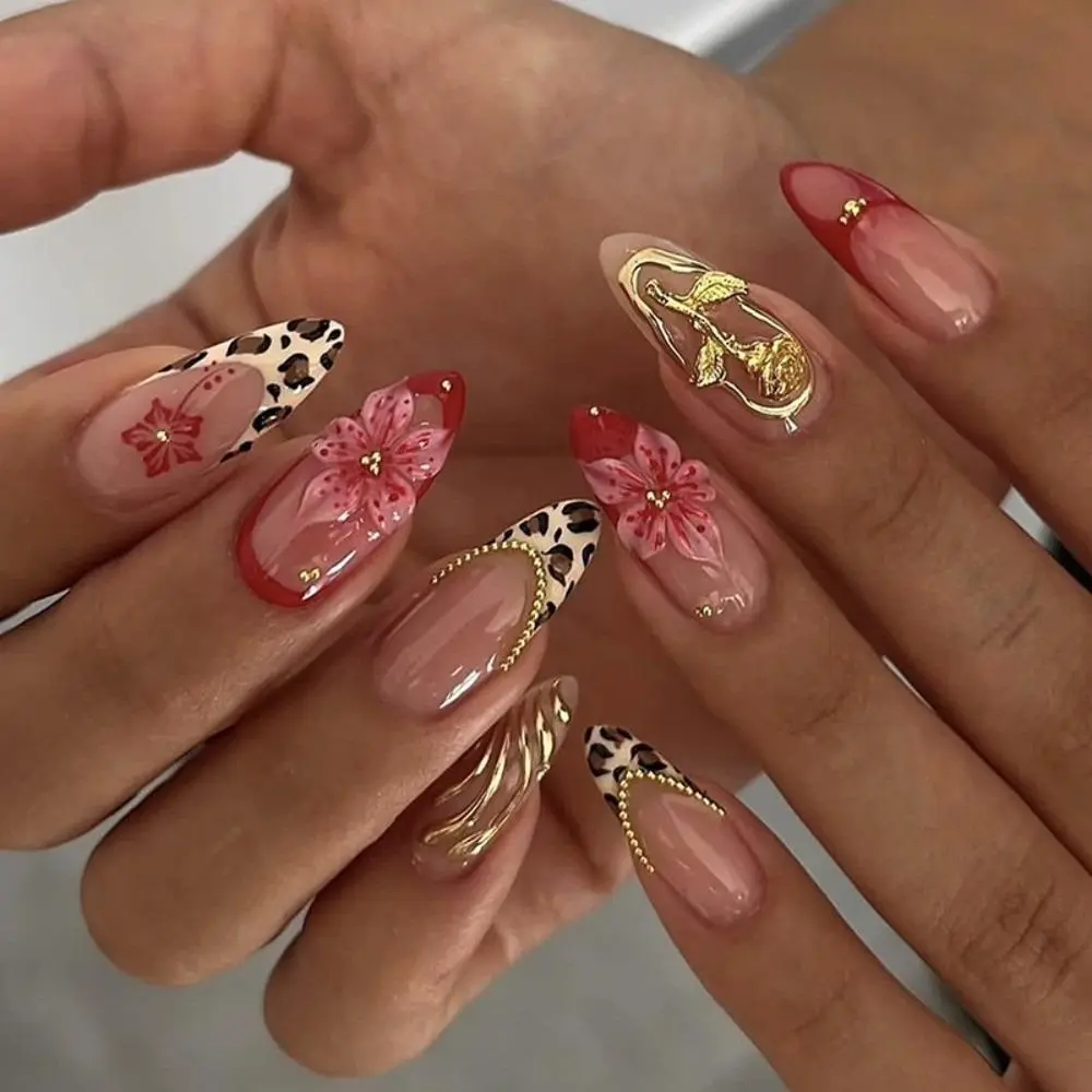 24Pcs New Detachable False Nail Full Cover Rhinestone Press on Nails Wearable with Polka Dot Nail Tips Women