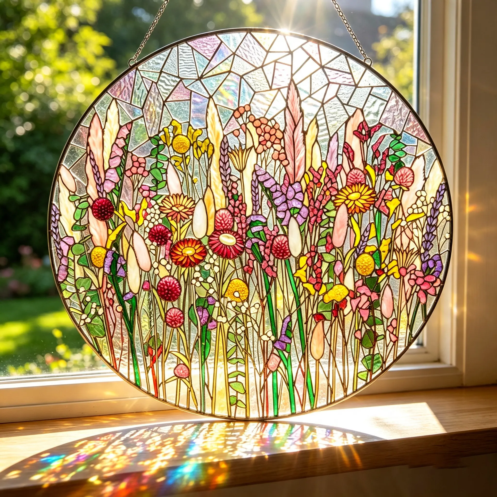 Stained Glass Suncatcher, Wildflower Meadow Window Hanging, Botanical Mosaic Art, Spring Floral Home Decor, Colorful Nature Gift, Sun Catcher
