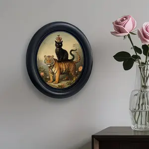 Large Oval Picture Frame, Vintage Victorian Cat & Tiger Design, Handmade Retro Frame, Home Office Decor, Wall Display, Perfect Gift