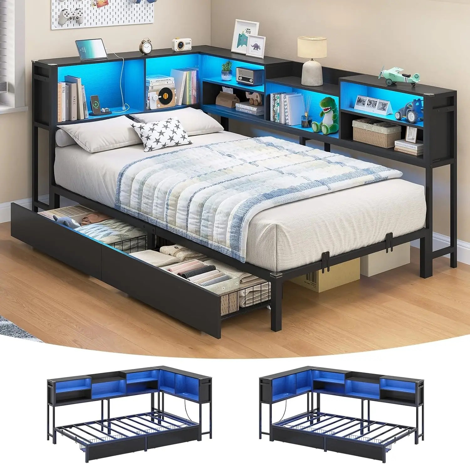 Sikaic Corner Bed Frame with 2 Drawers and Storage Bookcase, Daybed with Charging Station and LED Lights, Metal Platform Bed with Bookshelves, Twin Size Bed Frame for Kids Teens Guests, Black Summerwins
