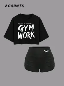 Women's Letter Print Crop Tee & High Waist Shorts Gym Workout Set, Sports Clothing Set, Loose Casual Sporty, Casual Workout Loungewear, Casual Cozy Breathable Two-piece Outfits for Daily Outdoor Wear, Ladies Clothes for Summer