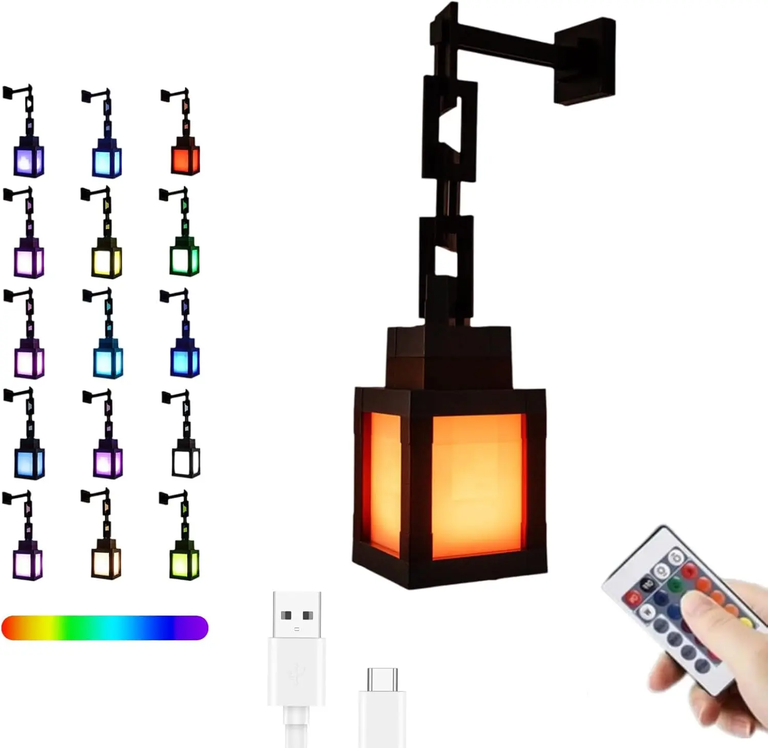 Pixelated Lantern LED Night Light, 16-Color Led Wall Mood Night Light with Remote Control, Rechargeable Table/Wall Night Lamp, for Bedroom & Home Decoration (with Chain)