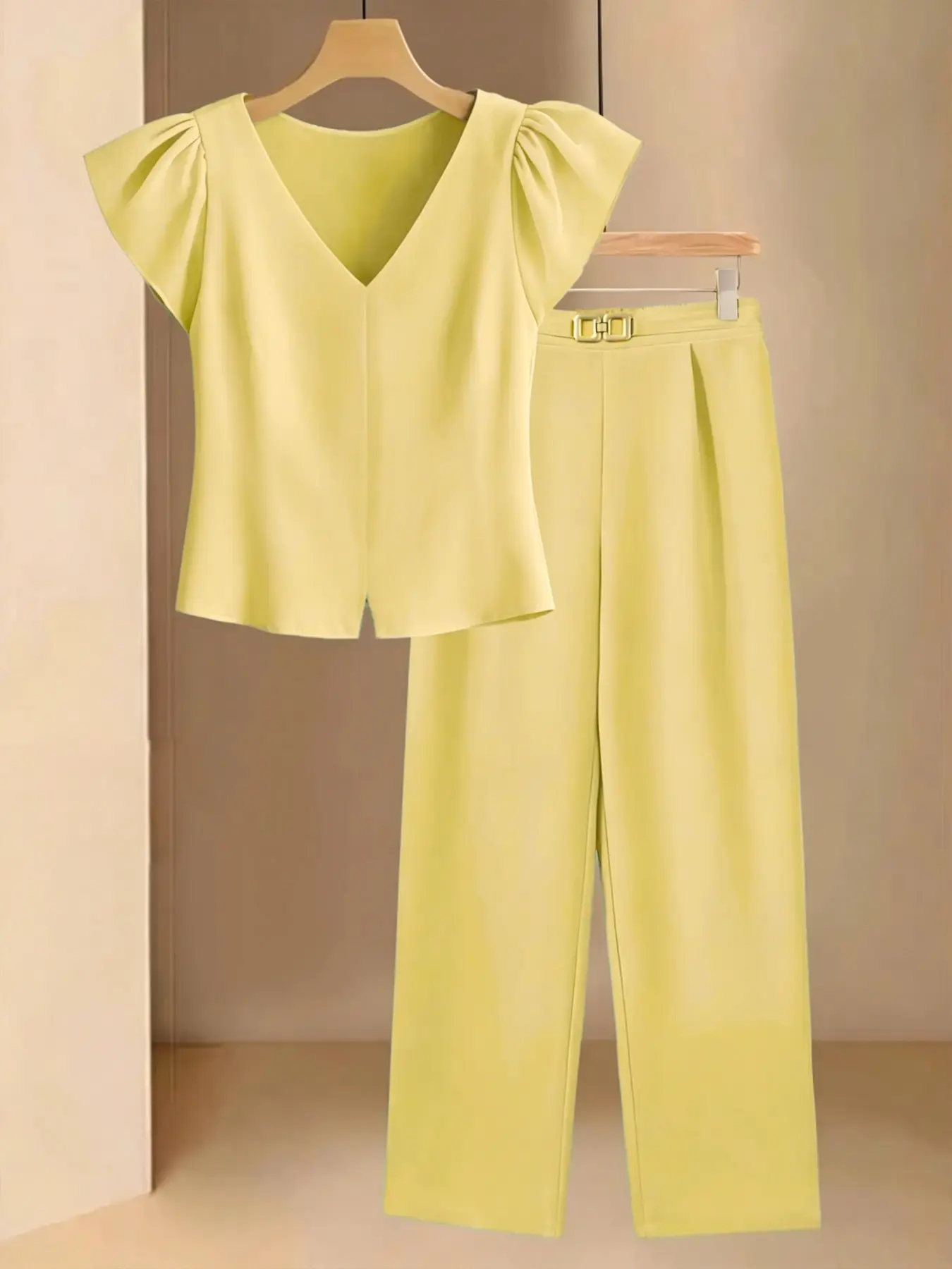 Summer Women's Solid V-Neck Ruffle Short Sleeve Shirt Blouse + Pants Two-Piece Matching Set, Chic Elegant Office, Casual Business Wear