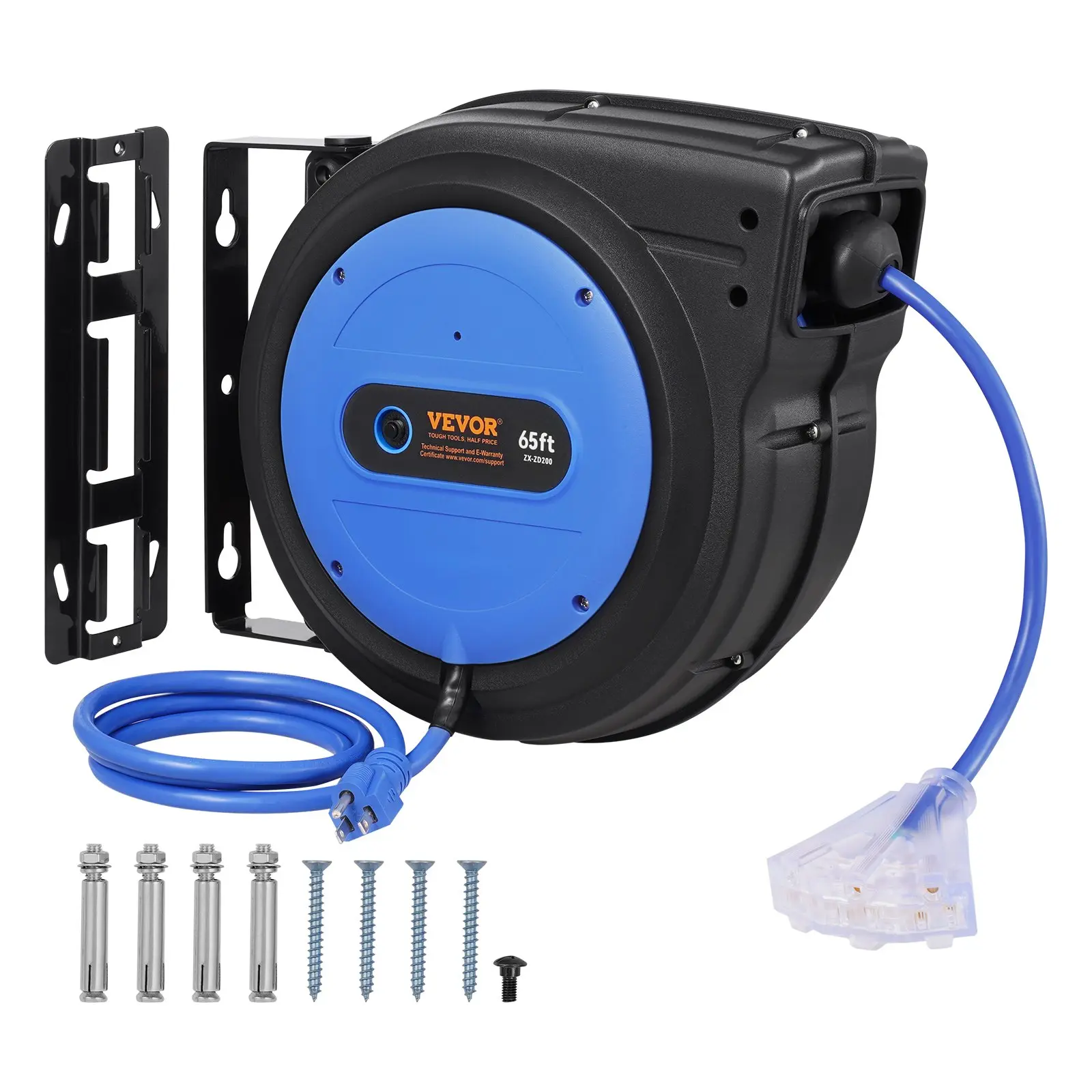 【DealsForYouDays】VEVOR Retractable Extension Cord Reel, 65 FT Heavy Duty 12AWG/3C SJTOW Cable, 4.5 FT Lead-In Line, Lighted 3-Outlet Socket, 15A/125V/1875W Circuit Breaker, 180° Swivel Bracket for Ceiling/Wall Mounts