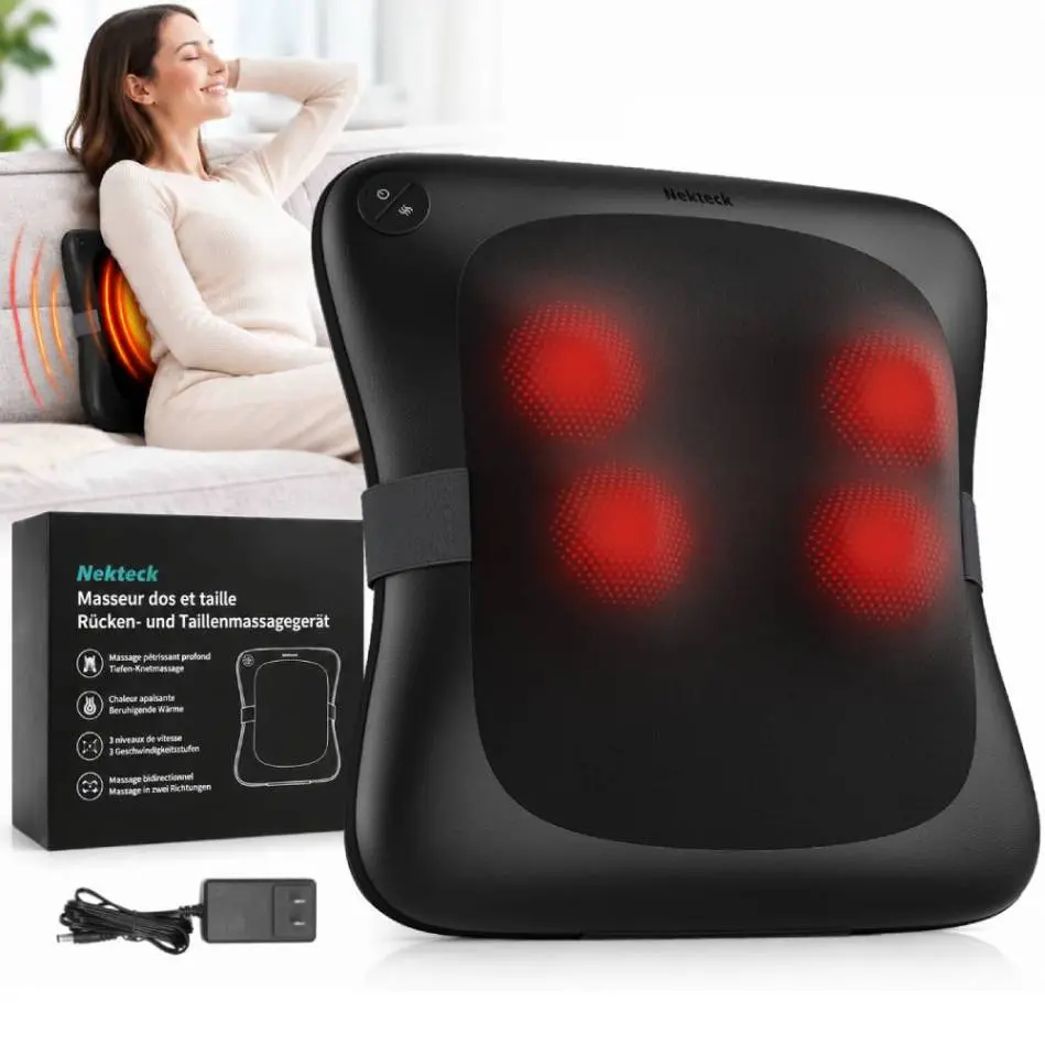 Nekteck Back Massager with Heat, Shiatsu Massage Cushion for Lower Back Pain Relief, Deep Tissue Kneading Massage Pad for Home Office Chair Car Use