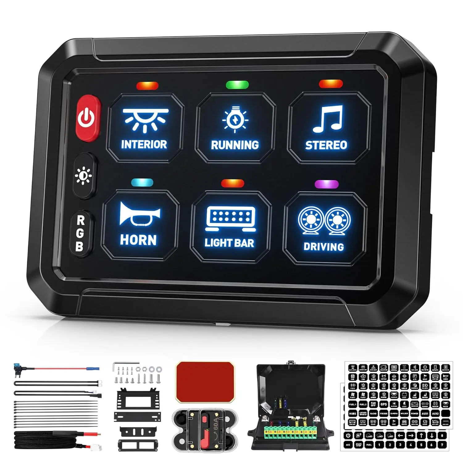 6 Gang LED Light Control Switch Panel - 12-24V Waterproof, APP Control, RGB Backlit Touch Switch, Toggle/Momentary/Strobe Pulse Modes, 6-Level Dimming for Cars, Offroad Vehicles, Boats