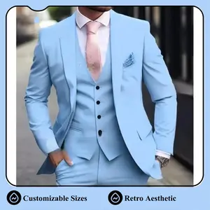 2026 Mens Pink Slim Fit 3 Piece Suit Groom Wedding Formal Occasion Jacket Vest Pants Plain Long Sleeve Retro High Street Aesthetic Menswear Customizable Sizes