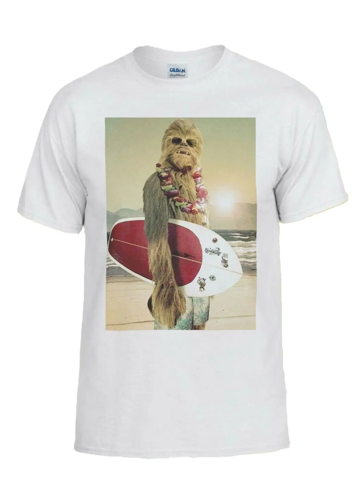 Chewbacca Surf Retro Funny White T-Shirt Cotton Fabric