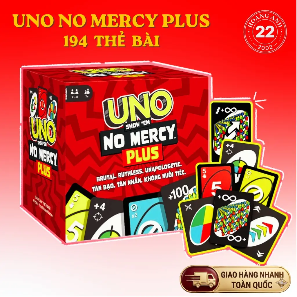 UNO No Mercy Card Game 220 Cards, Extreme Rules Family Party Game, +100 Extra Cards, Fun Game Night for Kids & Adults