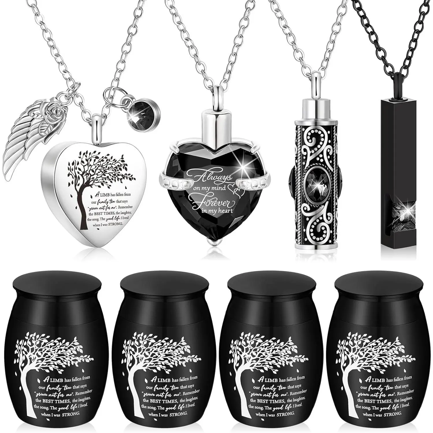 Urn Necklaces and Keepsake Urns Set, 8-Piece Black Stainless Steel Waterproof Memorial Jewelry for Ashes, Includes Heart, Bar & Cylinder Lockets, Blackmetal Necklaces