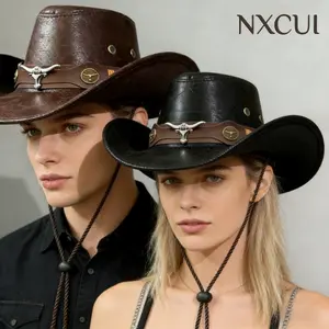 NXCUI Western Cowboy Hat for Men Women, Vintage Cracked Leather Cowboy Hat with Bull Head Decor, Wide Brim Sun Protection Cowboy Hat for Outdoor