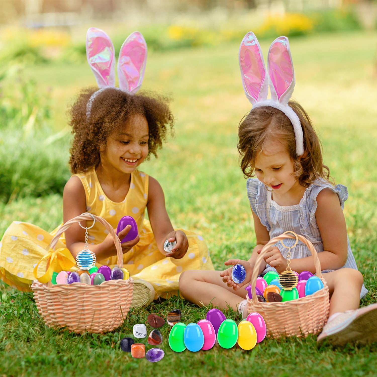 18-Pack Gemstone Prefilled Easter Eggs – Natural Crystals & Mineral Rocks with Necklace & Keychain, Easter Basket Stuffers, Party Favors, Egg Hunt Gifts for Kids