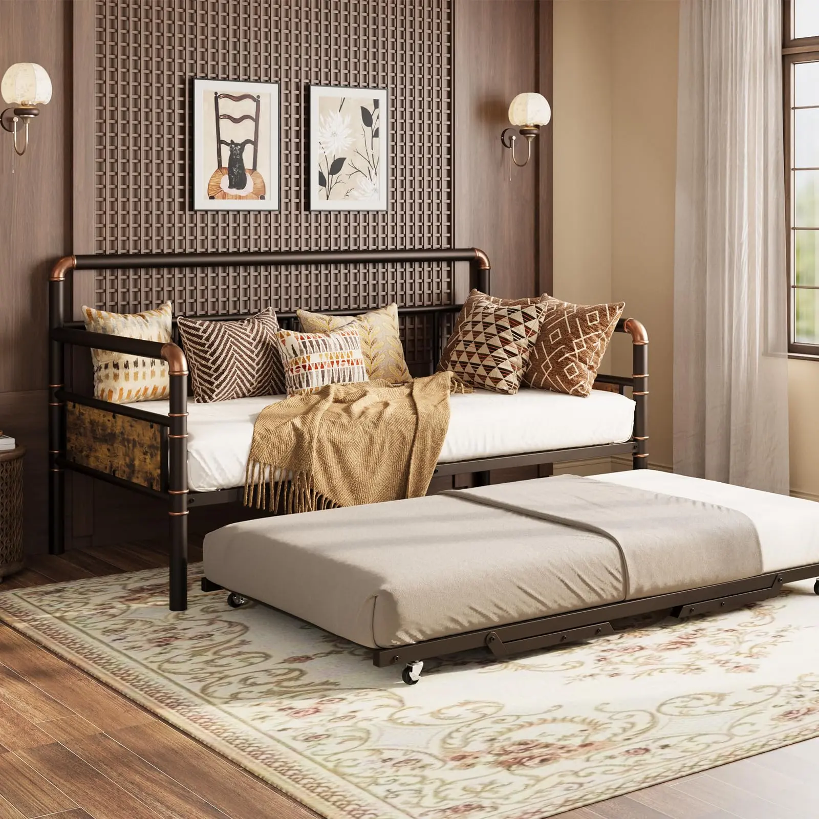 Twin Size Foldable Metal Pop-Up Trundle Day Bed Frame - Durable Steel Bed Frame, Heavy Duty Lockable Casters, Steel Slat Support, Sturdy Stand-Up Design for Living Room, Durable Steel Bed Frames, Heavy Duty Bed Frames