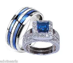 His & Hers Sapphire Blue & Clear Cz Wedding Ring Set Sterling Silver/Titanium Weddingrings