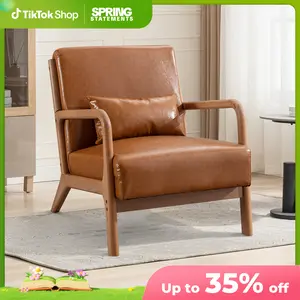 Ebello Wide Modern Design Leather Upholstered Accent Armchair with Solid Legs，Solid wood Accent Chair for Living Room Accent Chairs Leather-Orange Espresso Finish Faux Leather