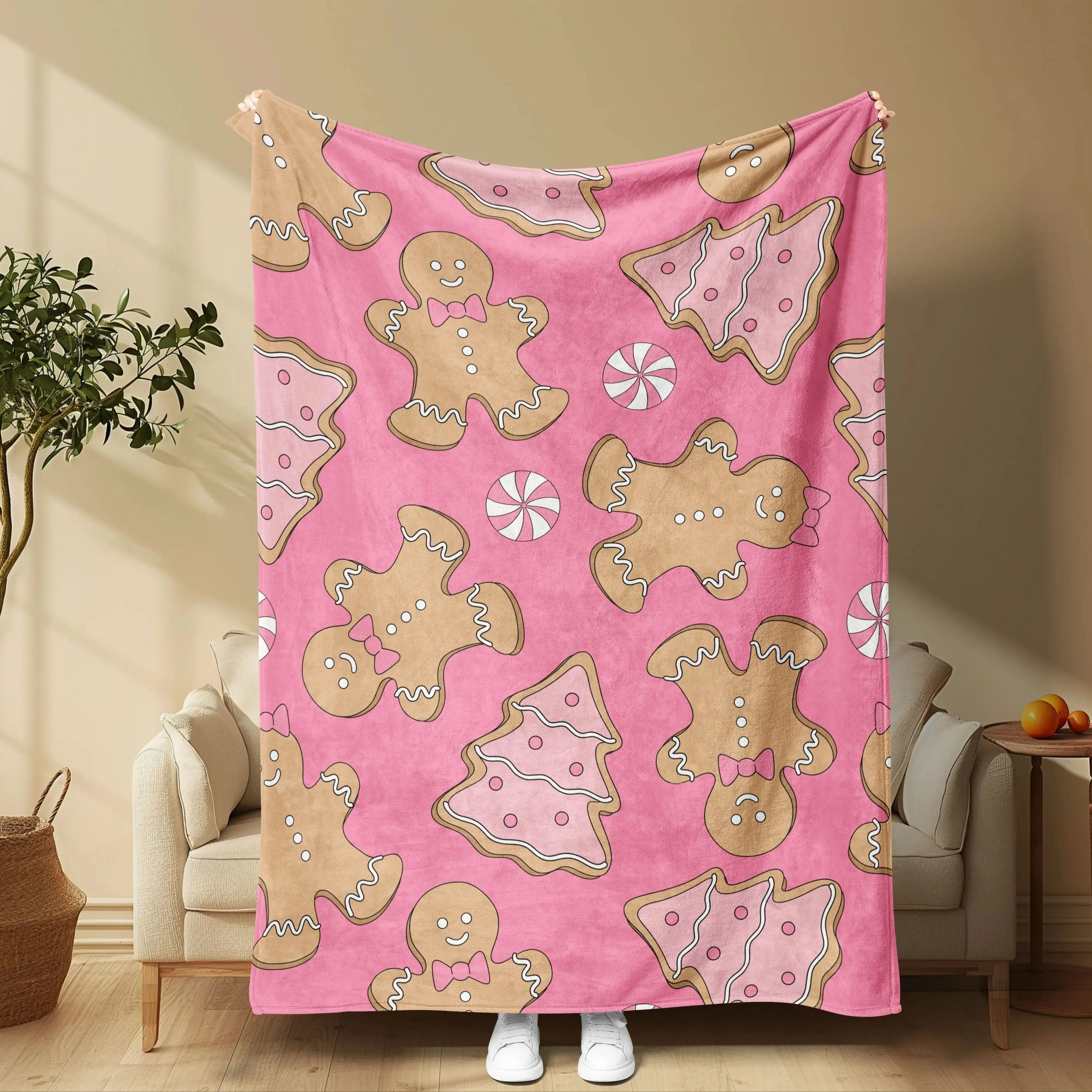 Pink Christmas Flannel Fleece Blanket - Festive Gingerbread Man & Christmas Tree Pattern, Soft Cozy Contemporary Digital Print Throw, All-Season Home Office Travel Gift