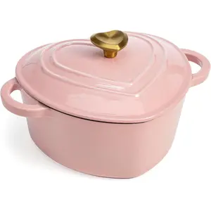 Enameled Cast Iron Dutch HeartShaped Pot with Lid, Dual Handles, Works on Stovetops, Safe to 500°2-Quart, Pink