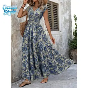 Women's 2026 Ocean-Inspired Bohemian V-Neck Short-Sleeve Shirred Lightweight Flowy Floral Print Dress, Casual Wear, Coastal & Culturally-Inspired Dresses for Summer Vacation, Beach Resort, Coastal Casual Dresses