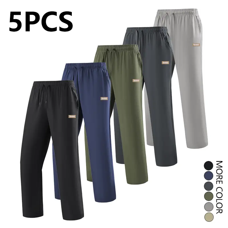 Pack of 5 men’s casual long pants; breathable athletic casual long pants with a straight wide-leg fit and an elastic drawstring waistband. Suitable for everyday commuting, walking, workouts, and home wear; works well both solo and layered.
