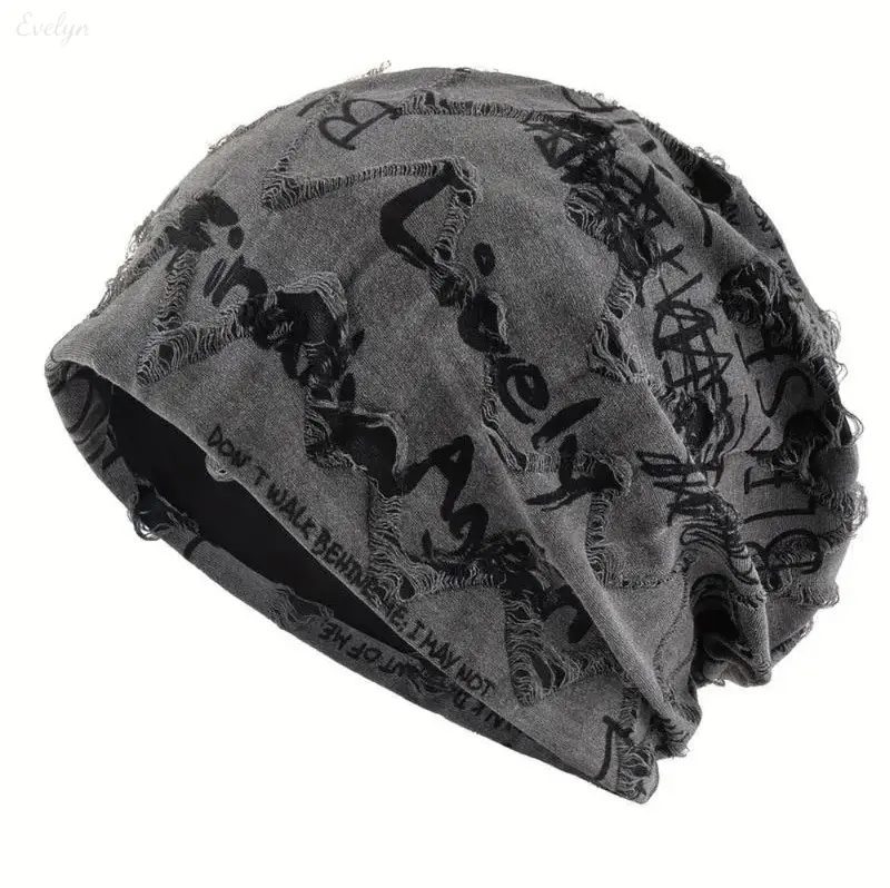 Slouchy Beanie with Grunge Graffiti Print & Distressed Frayed Edges, Oversized Chemo Hair Cover, Skate-Ready Style