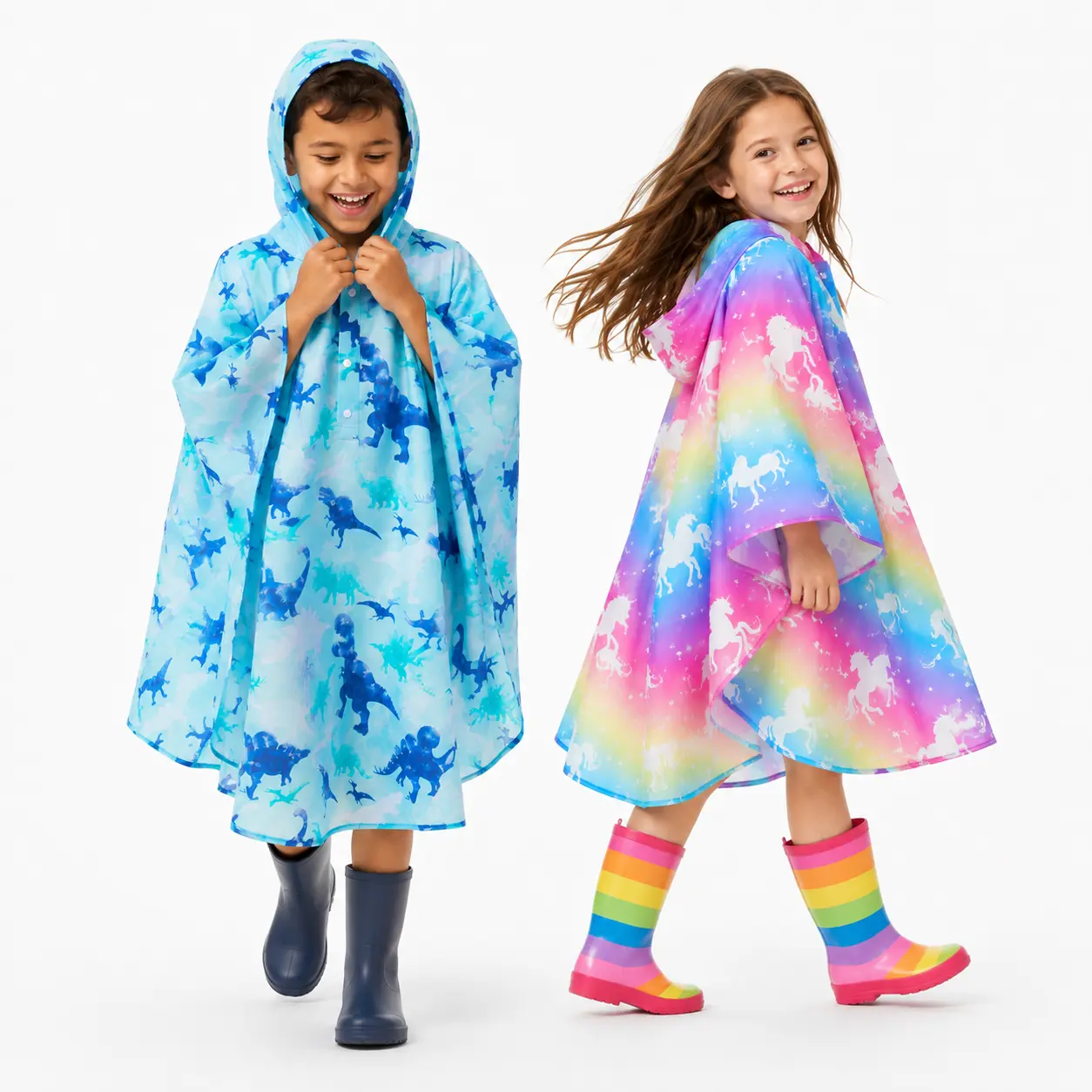 WERNNSAI Rain Poncho Raincoat for Kids with Hood, Waterproof Rainproof Rain Suit for Boys Girls Toddler, Reusable Lightweight Rain Jacket with Pouch, Back to School Rainy Season, Unicorn & Dinosaur Print, Gift for Kids, Chubasquero Impermeable para Niños