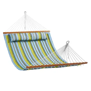 VEVOR Double Quilted Fabric Hammock without Stand, 12 FT Double Hammock with Hardwood Spreader Bars, 2 Person Quilted Hammock with Detachable Pillow and Chains for Camping Outdoor Patio Yard Beach, 480 lbs Capacity