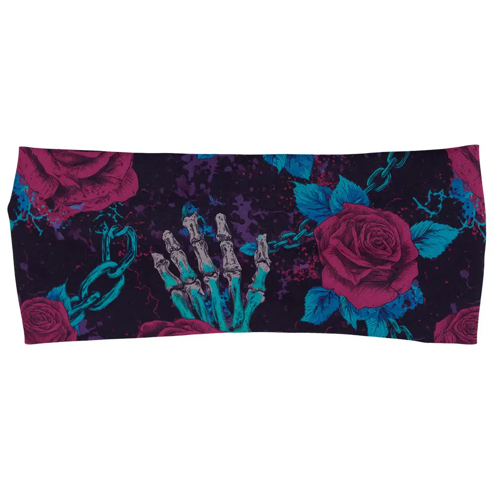 Unisex Thick Sport Headband - Edgy Rose & Skeletal Hand Print, 9"x2" Nylon Spandex Running Headband for Runs, Gym Workouts That Stays Put, Sport Headbands