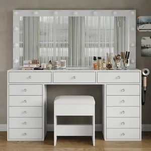 FUSOU 55"W 13 Drawers Vanity Desk, Makeup Vanity with Power Outlet, Vanity Table with Mirror and 13 LED Bulbs, 3 Color Lighting Modes, Glass Top, Dressing Table for Bedroom