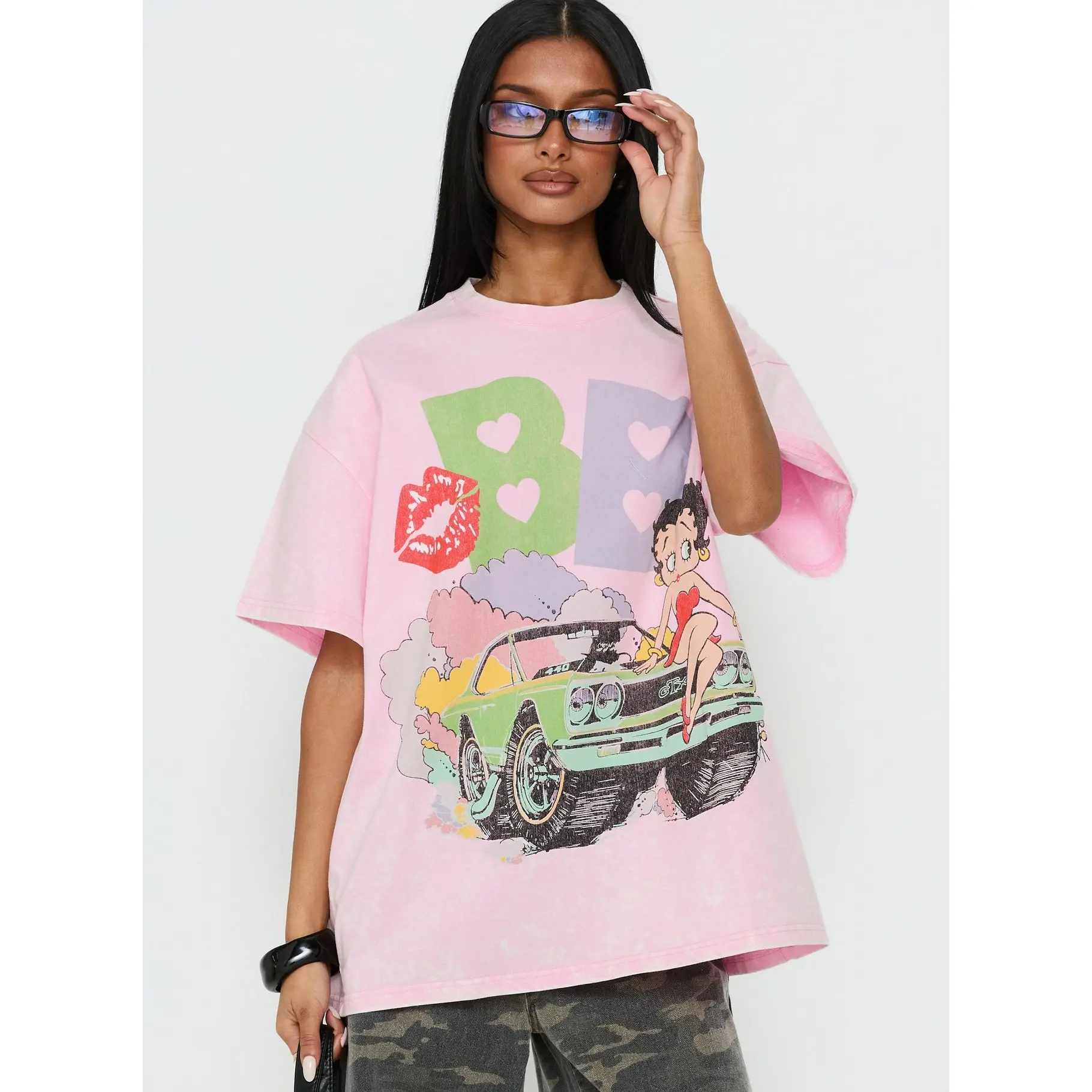 Betty Boop Speedracer Oversized Graphic Tee Washed Pink