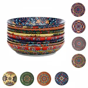 Bohemian Style Plates Set of 8, Multi-Color Elegant Patterns, Large Capacity 8 Inch Dishes, Ideal for Family Gatherings and Hotels