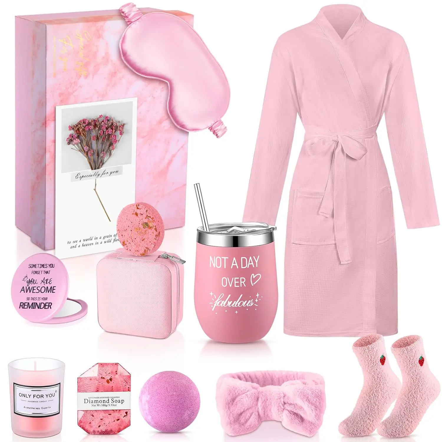 Robe Gift for Women 13pcs Mother's Day Gifts Spa Gift Box with Robe Socks Jewelry Box Thermal Cup Scented Candle Mini Mirror Bath Salt Shower Soap Greeting Card, Hardcover Gift Box for Girlfriends Wives Mother Siste Friends Nurse Girls