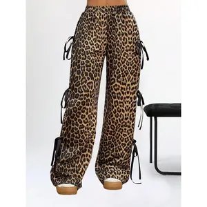 Fashionable leopard-print tie casual pants, slim fit, medium-weight fabric, woven construction, suitable for autumn and winter, for ages 35–44