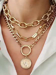 Women's Punk Style Exaggerated Portrait Pendant Necklace Set, Layered Necklaces, Multilayer Necklace, Stainless Steel Chain, Casual Jewelry for Dating, Vacation, Party, Trendy Jewelry, Fashion Jewelry Accessories
