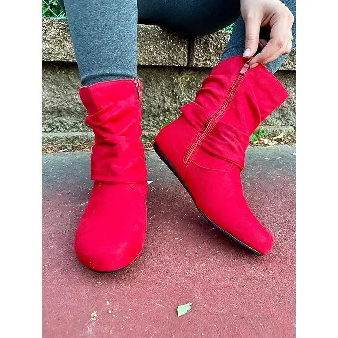 Women's Mid-Calf Slouch Boots with Flat Heel and Side Zipper