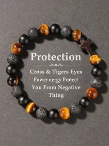 Protection & Support Cross Charm Bracelet, Handmade Tiger Eye Volcanic Stone Beaded Jewelry, Fashion Accessory for Men & Women, Meditation & Energy Healing Gift