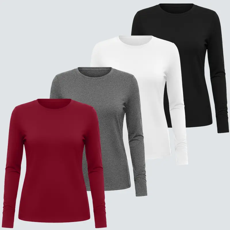 Veldtholos 4 pcs Women's Long Sleeve Tops - Crew Neck, Tight, Slim Fitted Compression Underscrubs Tops for Layering, Supportive for Lifting and Training