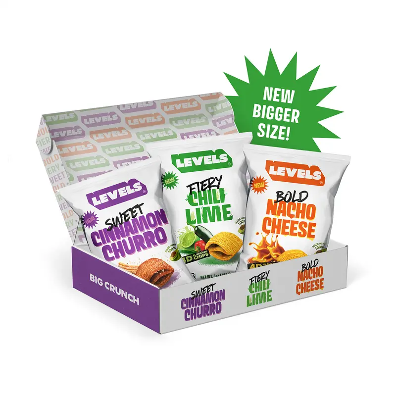 Levels by Brent Rivera 3 Pack 5 oz Bags (15 total ounces) Fiery Chili Lime Bold Nacho Cheese Sweet Cinnamon Churro Snack Variety Crunchy Spicy Savory