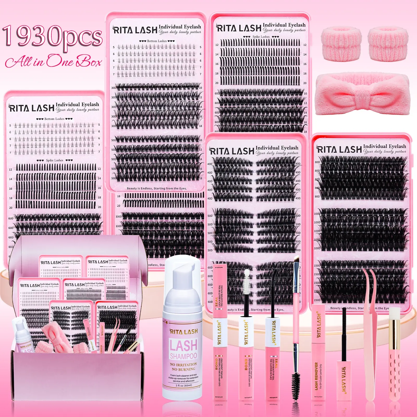 RITALASH 1930Pcs D Curl Eyelash 3 Trays Book Individual Eyelashes Kit, Eyelash Extensions, Cosmetic Eyelash Extension, Diy Lashes Kit, Bottom+Spike+60D+100D+30D+50D Natural Eye Makeup Easy To Carry, Reusable, with Make Up Tools Bond&Seal, Remover