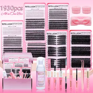 RITALASH 1930Pcs D Curl Eyelash 3 Trays Book Individual Eyelashes Kit, Eyelash Extensions, Diy Lashes Kit, Bottom+Spike+60D+100D+30D+50D Natural Eye Makeup Easy To Carry, Reusable, with Make Up Tools Bond&Seal, Remover, Headband, Suitable For Daily