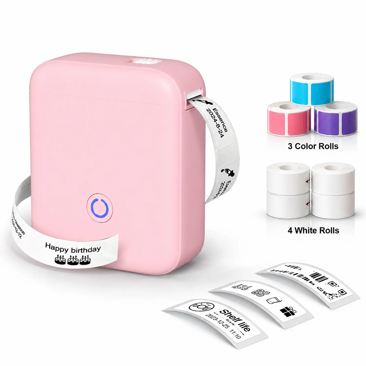 ZRZTM P11 Portable Bluetooth Thermal Label Printer - Thermal Wireless Printer, Mini Inkless Sticker Maker, 1200mAh USB-C Rechargeable, with 3 Color + 4 White Rolls, for iOS/Android, Home Office Use