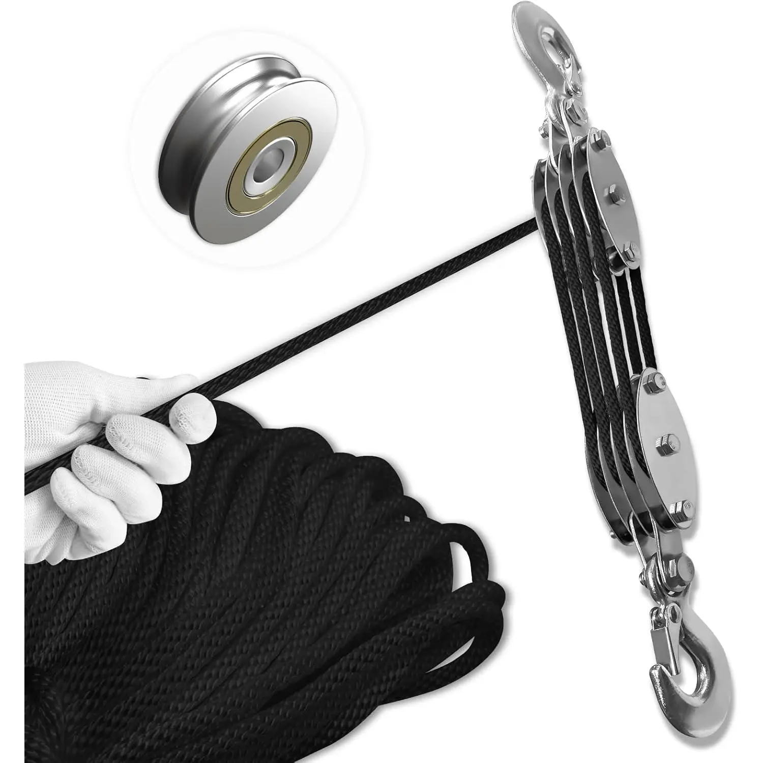Block and Tackle Pulley System, Upgraded 4-Wheel Rope Pulley Hoist, 8:1 Lifting Power, 2200LB Work Load with 65Ft of 1/4" Rope, Ultra-Compact Rope Hoist for Garage, , and Heavy Lifting
