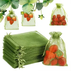 100Pcs Fruit Protection Bags, Green Strawberry Netting Cover Drawstring Mesh Bags Pest Barrier Plant Protectors from Animals for Blueberry Small Fruit Garden Supplies