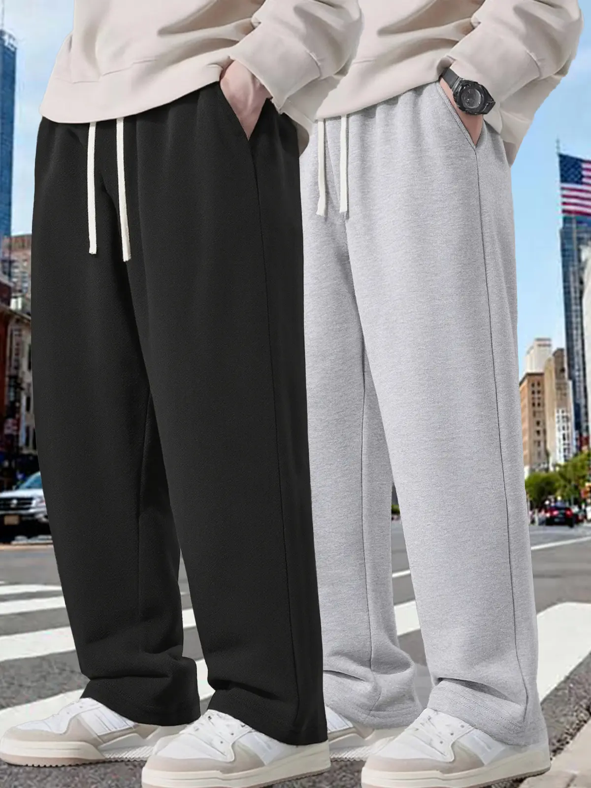 Men's 2-Piece Casual Streetwear Knitted Set - Solid Color, Loose Fit Drapey Trousers with Adjustable Drawstring Waistband, Menswear Pants, Knitting, No