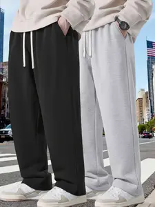 2-piece set of men's solid color casual pants with an adjustable drawstring waistband. Stylish yet casual, comfortable and versatile, loose fit, suitable for all seasons, combining streetwear and sporty style, made with fashionable composite fabric. Sprin