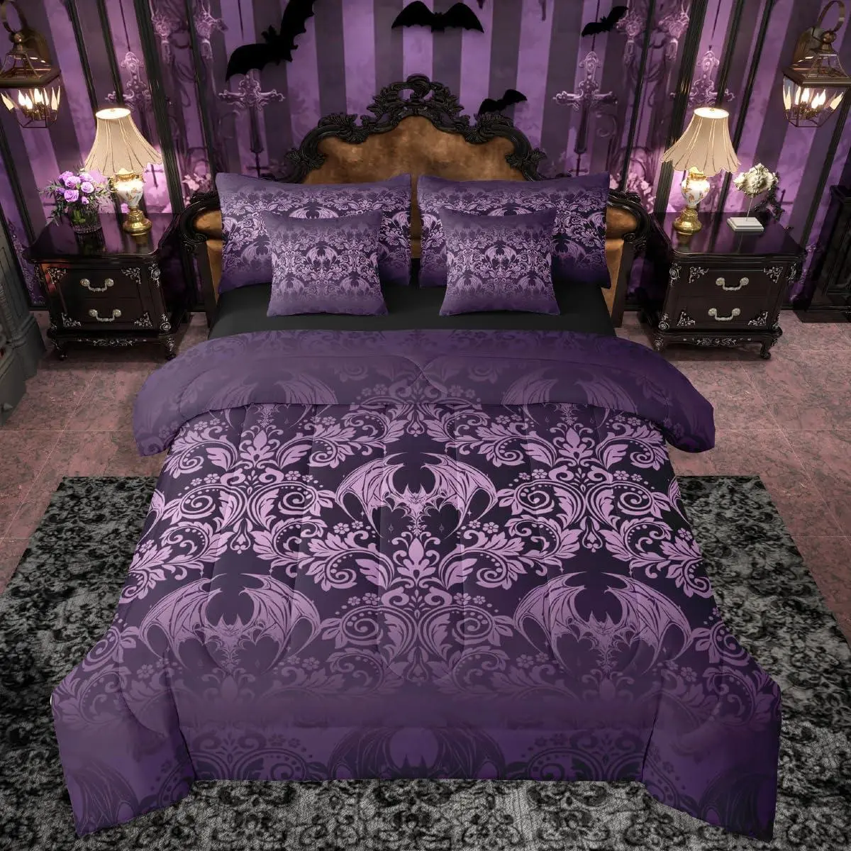 Adults Gothic Damask Print Bedding Set Purple Goth Bat Victorian Floral Comforter Set 7 Pieces Comforters Boho Bohemian Exotic Bed in a Bag,back to school,back to school shopping,home decor