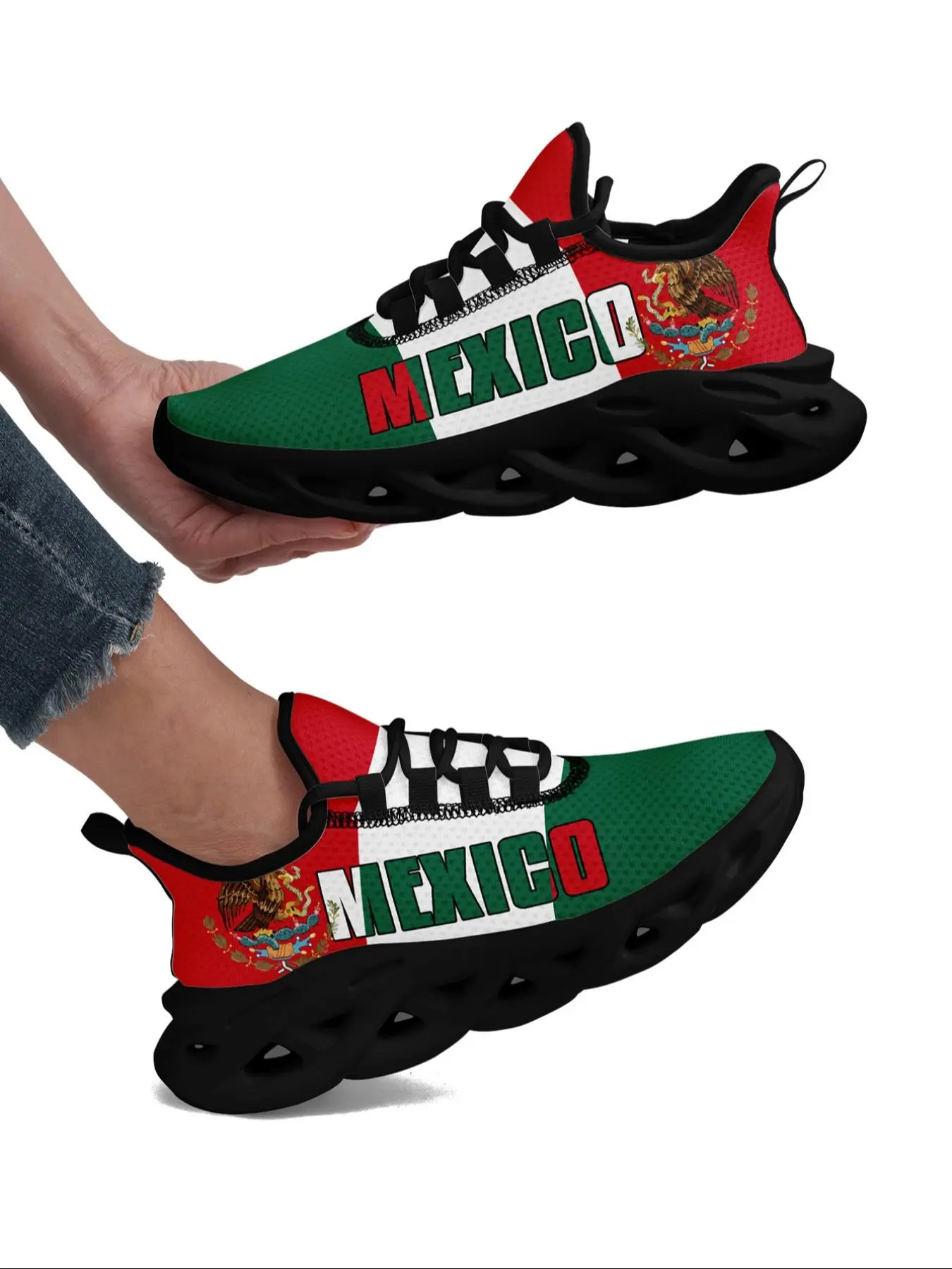 Women's Mexico Flag Print Lace Up Front Sneakers, Fashion Running Sneakers, Breathable Running Sneakers, Sporty Running Shoes, Casual Comfortable Sports Running Shoes, Female All-match Round Toe Shoes, Athletic Shoes for Daily Wear, Shoe For Runners