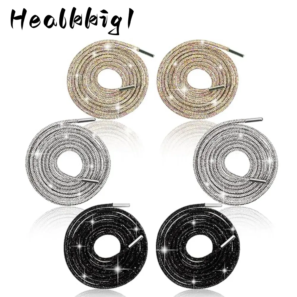 3 Pairs Glitter Shoelaces, 55 Inch Crystal Rhinestone Round Rope Drawstrings for Sneakers, Athletic Footwear, 6 Pcs Mix