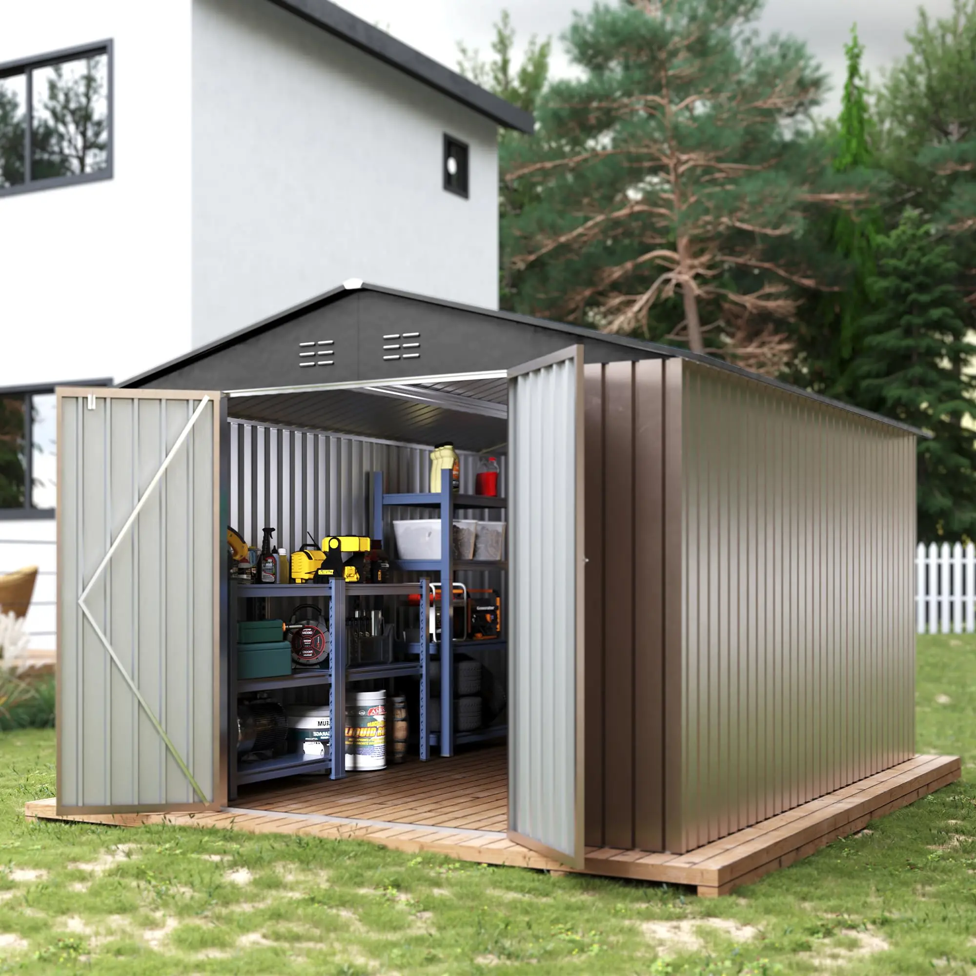 GARVEE 8x12 FT Steel Garden Shed - Waterproof, Water Resistant Weatherproof Metal Garden Storage Shed with Reinforced Frame, Lockable T-Type Door, Easy Assembly, Ideal for Patio, Lawn, with Customer Support