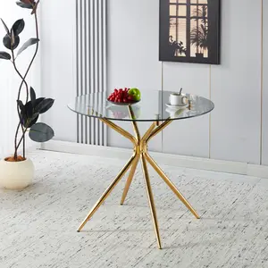 [Fahuac] 35.4x35.4x29.1in Dining Table - Tempered Glass Top, Chrome Metal Legs, for Living Room.